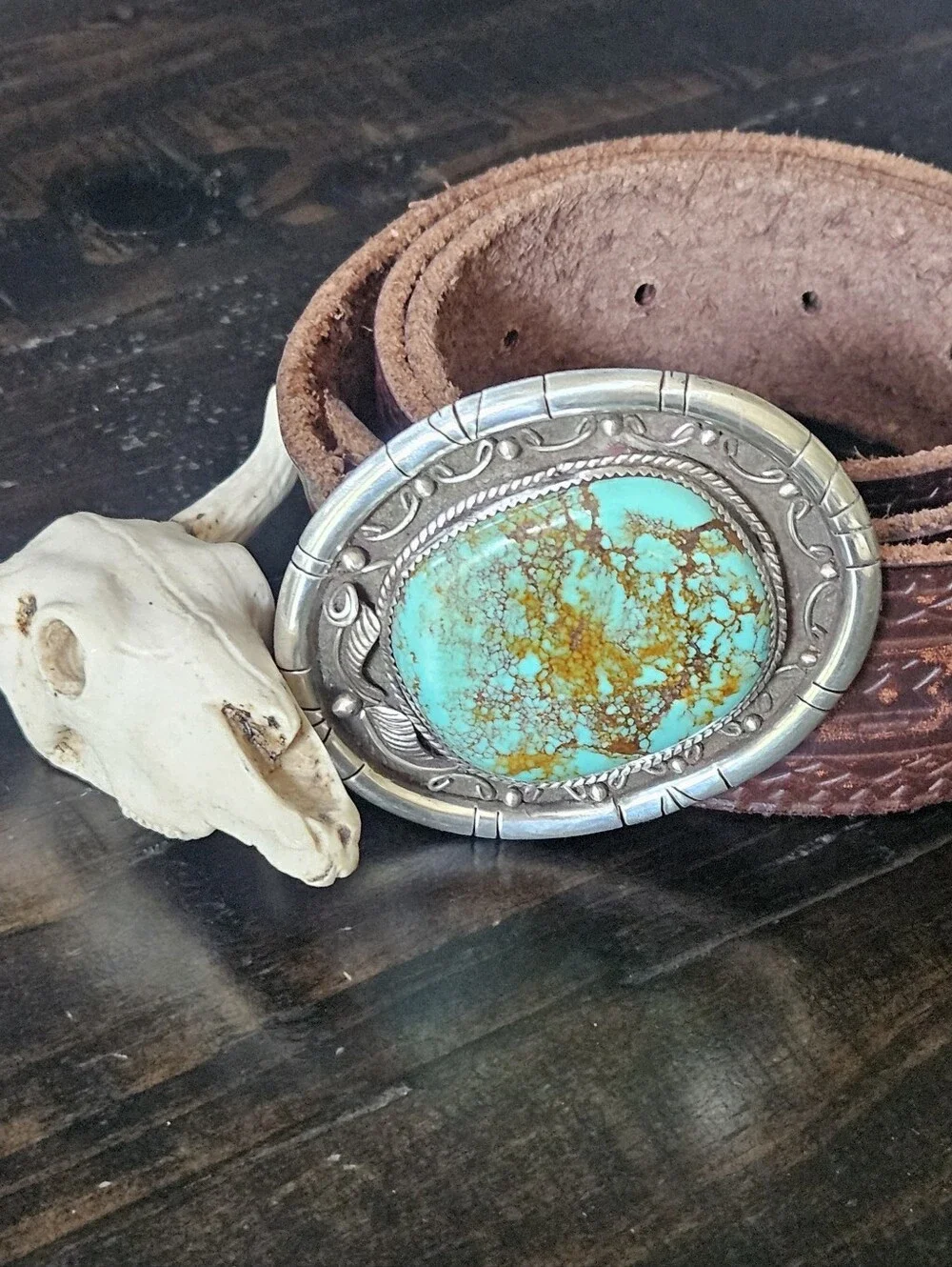 Navajo Signed Sterling Silver Turquoise Belt Buckle